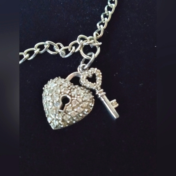 Heart Lock With Heart Key Charm Bracelet Silver Tone Pave Crystals 7" Adjustable - Picture 2 of 4